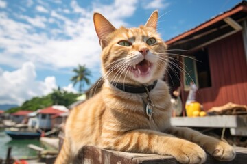 Portrait of a smiling singapura cat while standing against picturesque seaside village
