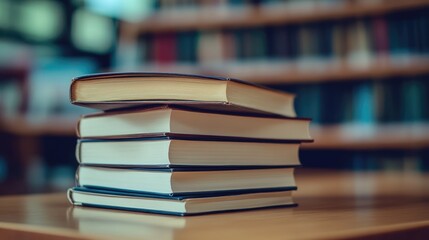 Stack of books on a wooden table representing study time during exams with blurred library background