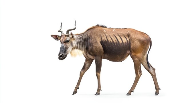 Bongo antelope walking gracefully against a clean white background showcasing its unique features and natural beauty