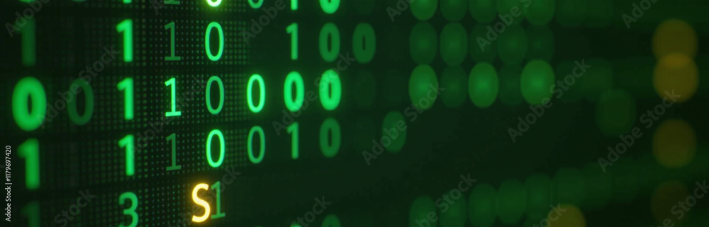 Poster a computer background featuring green and yellow binary data in a digital format. 00002