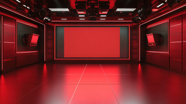 3D illustration Tv studio. News room. Red background. News Studio. Studio Background. Newsroom bakground. The perfect backdrop for any green screen or chroma key production.