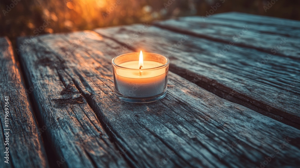 Poster candle on rustic wooden table with warm lighting creating a serene atmosphere for meditation and ref