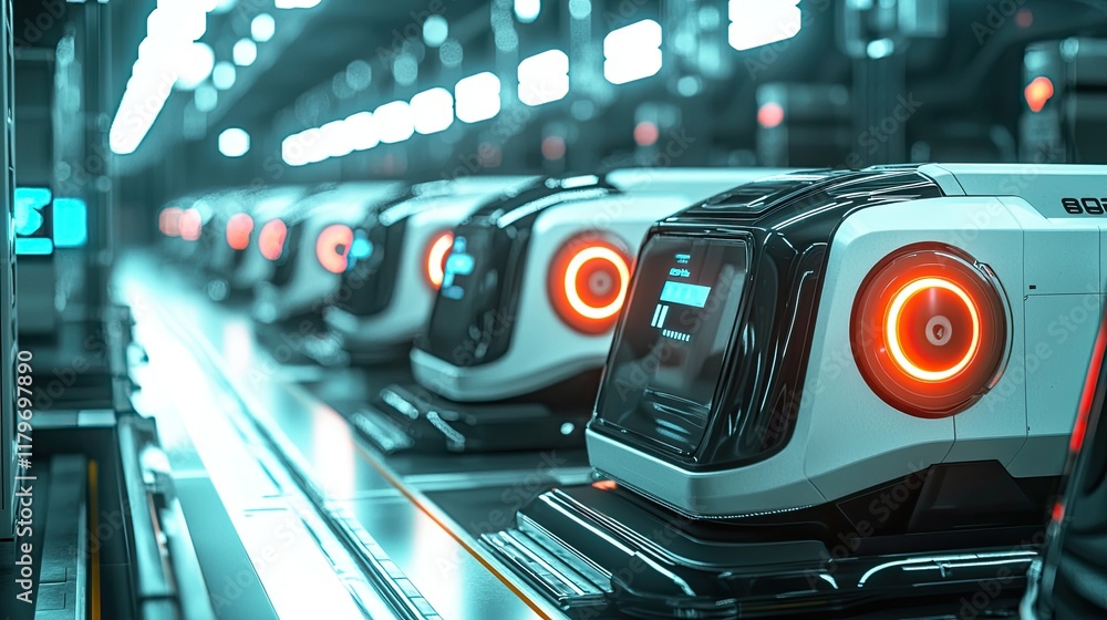 Poster Futuristic Autonomous Robots in Advanced Technology Production Line Environment with Neon Accents