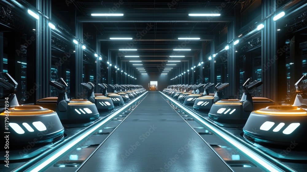 Poster Futuristic Warehouse Interior with Advanced Robotics and Automated Delivery System in a High-Tech Environment