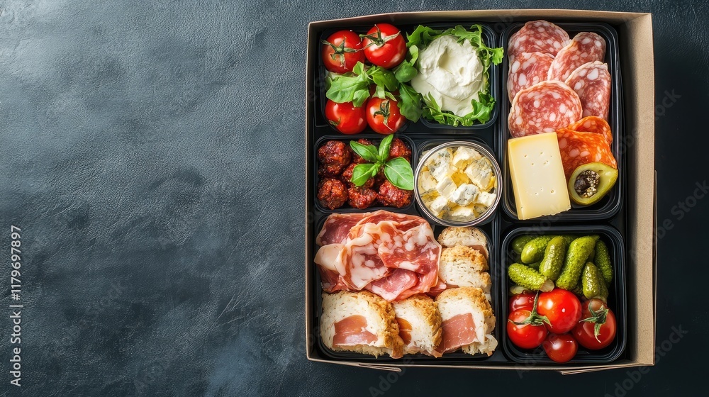 Poster assorted cold appetizers meat and cheese platter in delivery box with vegetables and empty space for