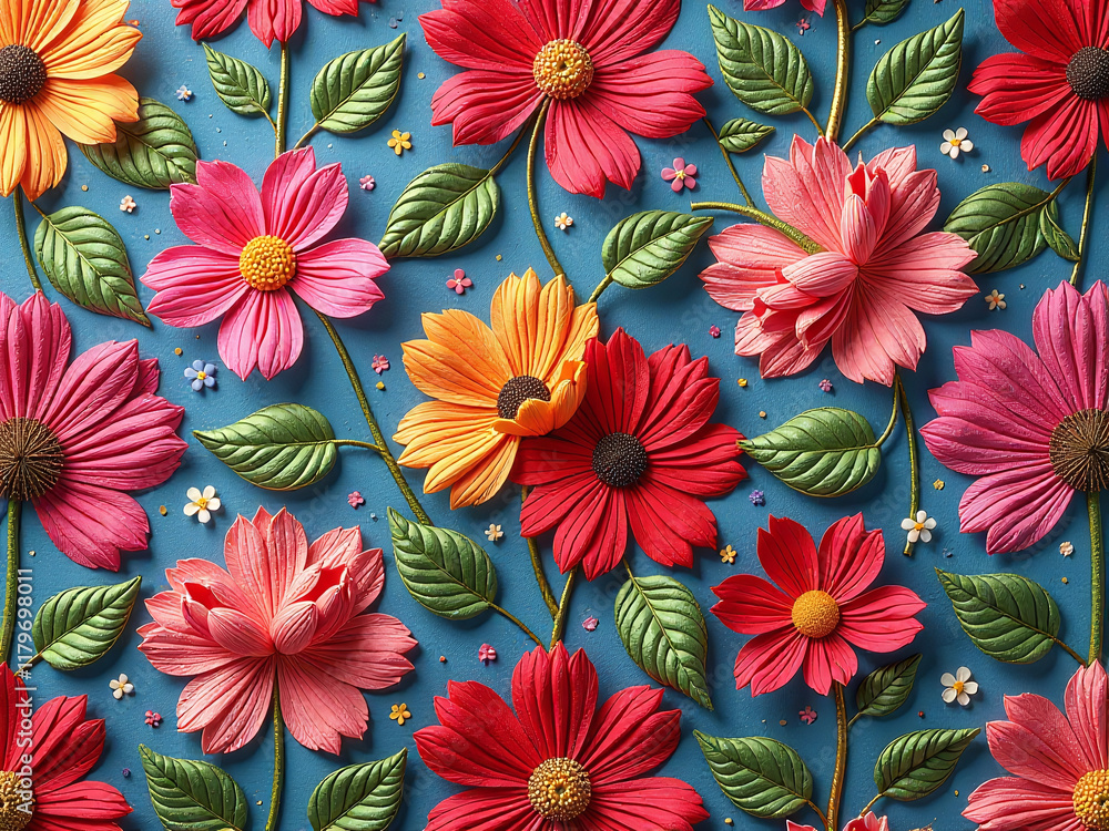 Poster A Colorful, Intricate Pattern Of Embroidered Flowers Is Used To Create A Seamless Decorative Textile Design On Fabrics And Other Materials. 00002