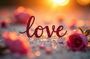 beautifully handwritten "love" on bright background, romantic evening light, centered composition highlighting the text, warm ambient lighting creating a romantic feel, subtle floral accents nearby