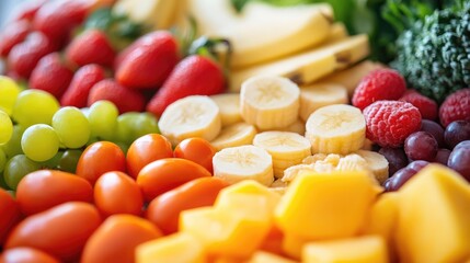 Vibrant assortment of fresh fruits and vegetables arranged on a table promoting healthy eating for babies and toddlers dietary choices