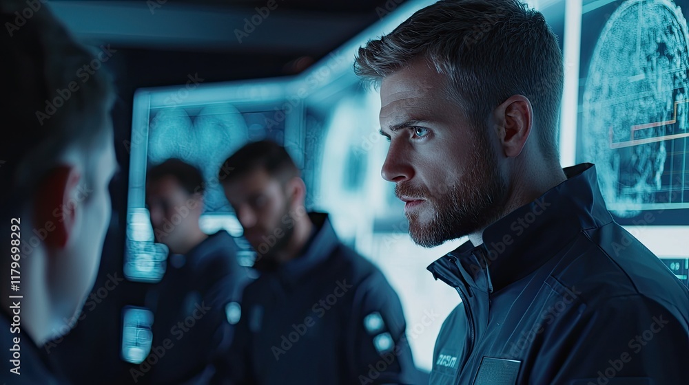 Fototapete determined man engaged in high-tech analysis with display screens in futuristic environment