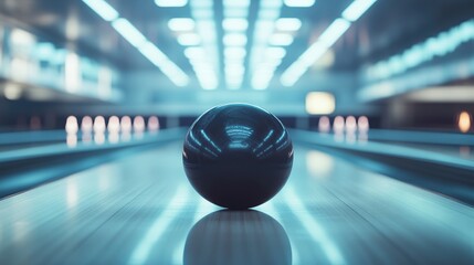 Focused Bowling Ball on a Lane with Blurred Background and Copy Space for Sports and Leisure Marketing