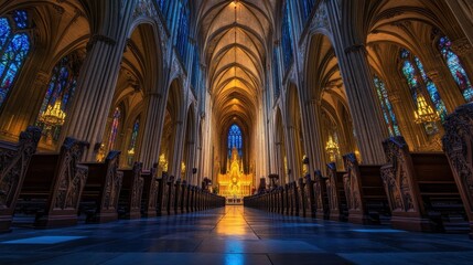 Naklejka premium Stained glass light fills a Gothic cathedral casting colors on stone pillars