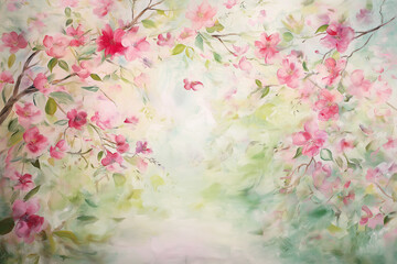 A beautiful spring background of soft pink blossoms and lush green leaves in a dreamy watercolor style, radiating charm and tranquility