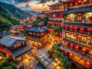 Fototapeta premium Jiufen Old Street Taiwan: Aerial View of Historic Tea Houses and Winding Streets