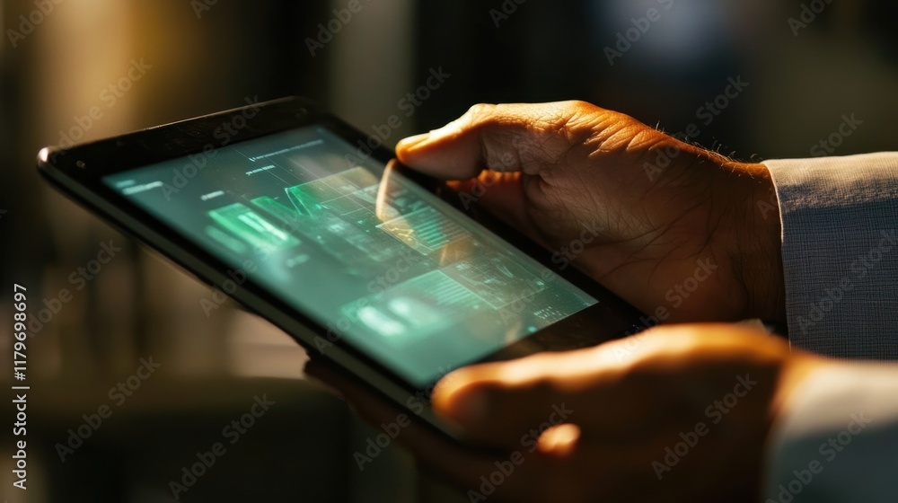 Poster close up of businessmans hands holding a digital tablet with data analysis charts and graphs, workin