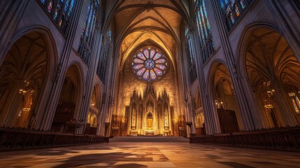 Fototapeta premium A Gothic cathedral with light streaming through rose windows reflecting on the floor
