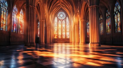 Obraz premium Stained glass windows in a decorated Gothic cathedral create vibrant floor patterns