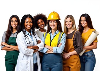 Female Jobs. Various women in their work uniforms posing on blue background, diverse happy multiethnic ladies representing different professions standing on white background. Labor day concept.