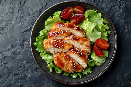 Top down view of teriyaki chicken on a plate against a dark stone backdrop