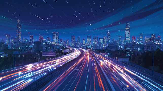Night city highway with traffic speed effect. Vector cartoon illustration of dark cityscape view with illuminated skyscrapers in urban downtown district, starry sky, car light traces from fast motion