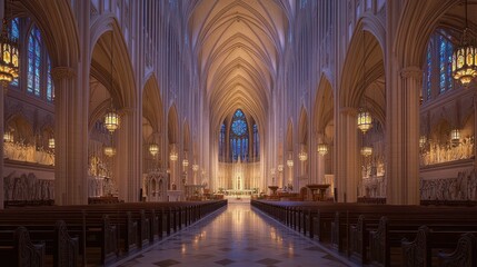 The grand nave of a Gothic cathedral with stained glass light casting color patterns