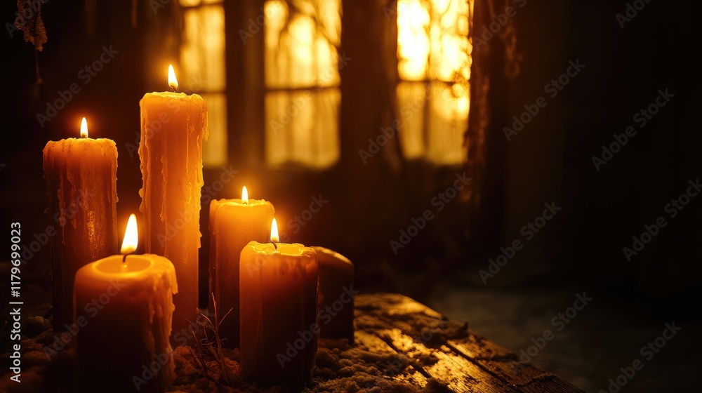 Aufkleber candle flames illuminating a rustic scene with warm light and shadows creating a cozy ambiance in an