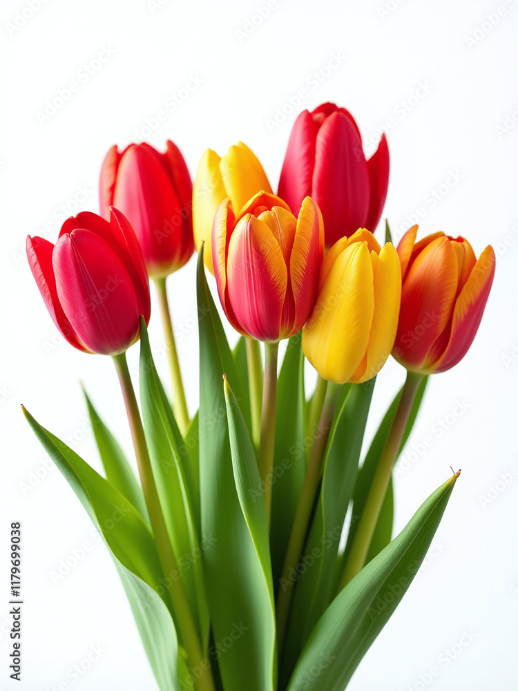 Poster A Colorful Tulip Bouquet Is Isolated Against A Crisp White Background Creating A Vibrant And Peaceful Visual Effect Instantly. 00001