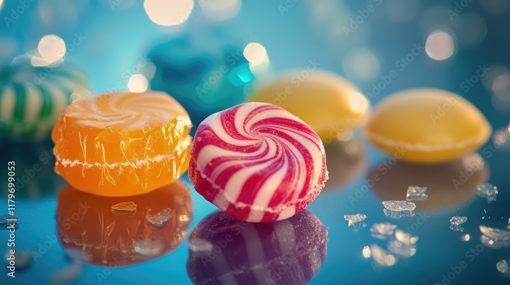 Poster colorful assorted candies with vibrant swirls and sparkling reflections on a glossy surface against 
