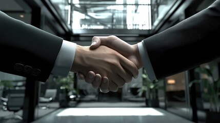 Close-Up of a Professional Handshake Between Two Business Individuals in a Modern Office Lobby
