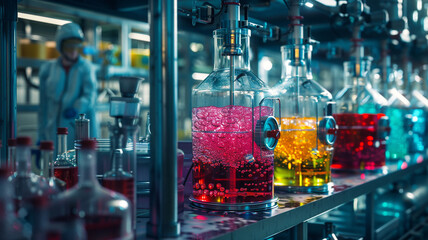 Engineers in a chemical plant monitor bubbling reactors filled with vivid solutions. Precise control systems ensure safety and efficiency in producing vital industrial chemical products.