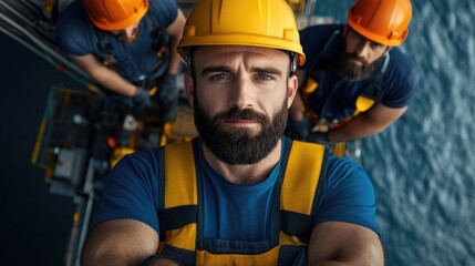 Fototapeta premium A bearded worker in a yellow hardhat and safety harness looks directly at the camera, two colleagues behind him on a platform at sea.