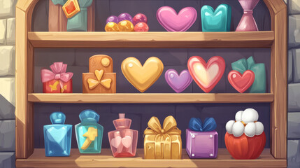 Cartoon game shop window with assets on wooden shelves. Vector illustration of gemstone, heart, gift box, golden bar, elixir bottle, magic capsule, cotton flower icons. User interface design elements