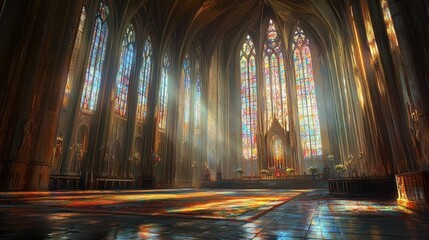 Fototapeta premium A Gothic cathedral with slender columns and sunlight streaming through stained glass