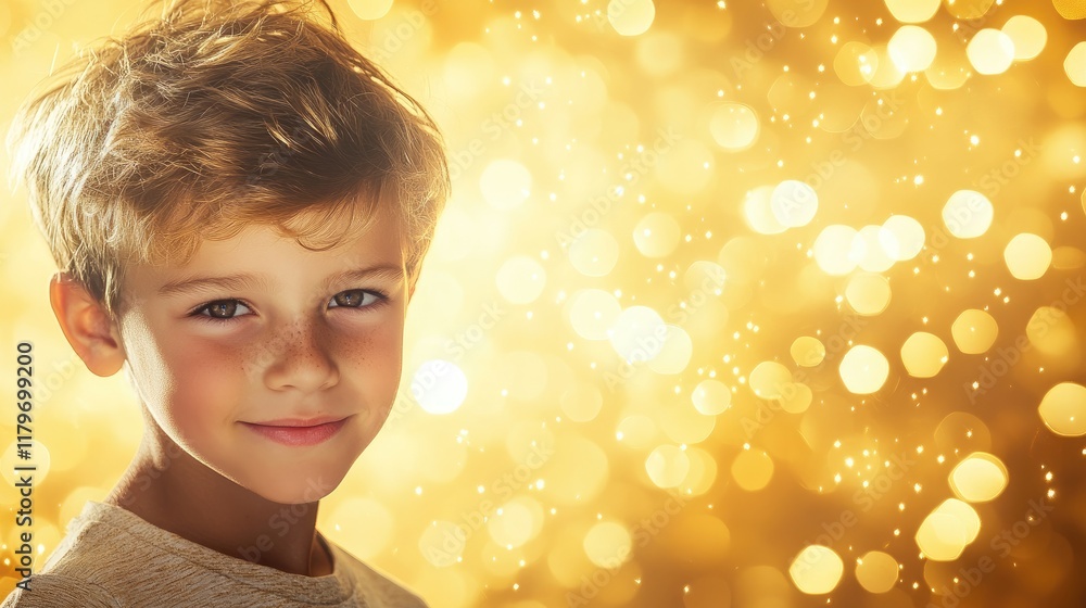 Poster elegant boy portrait with warm bokeh lights creating a joyful and whimsical atmosphere suitable for 