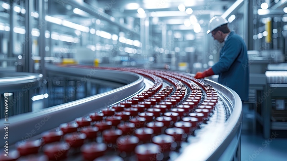 Poster industrial factory worker managing automated production line with conveyor belts and bottling system