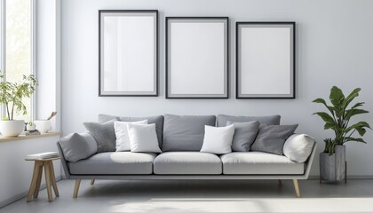 Modern Gray Sofa Minimalist Living Room Blank Frames Home Decor