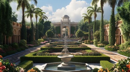 Obraz premium Formal Garden with Fountain and Palm Trees leading to a Grand Architecture Structure