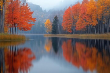 tranquil autumn lake reflection with vibrant red and orange maples mirrored in still waters at golden hour, ai generated landscape art