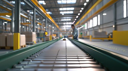 Fototapeta premium Industrial Warehouse Production Line with Worker Operating Machinery in Busy Environment