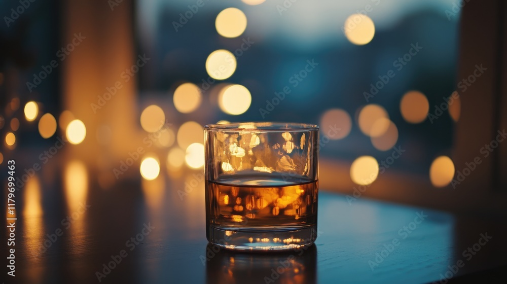 Poster Bokeh lights background with a glass of whiskey creating a warm and inviting atmosphere for relaxation and enjoyment