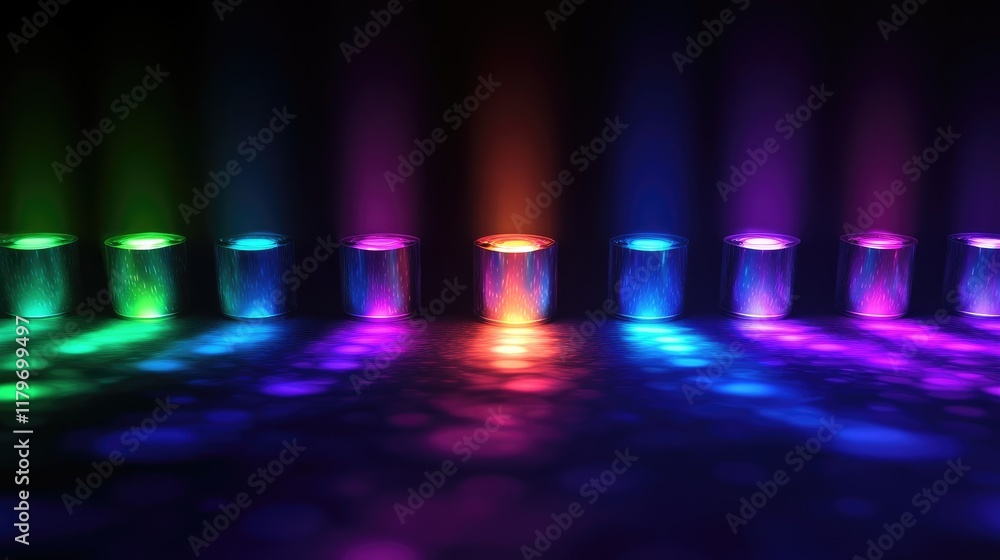 Poster vibrant bokeh light effects creating colorful reflections and shadows on dark background