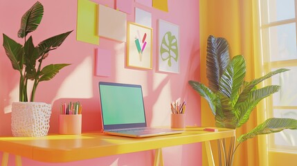 Fototapeta premium Bright and Colorful Home Office Setup with Laptop, Plants, and Vibrant Wall Decor