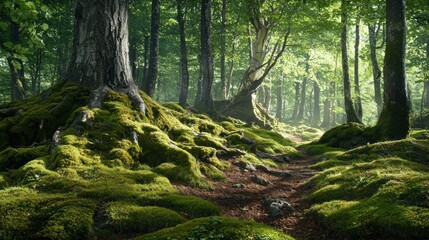Enchanted Mossy Forest Path: A Tranquil Escape into Nature's Embrace