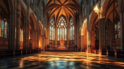 Fototapeta premium A grand Gothic cathedral with sunlight from rose windows casting vibrant shadows