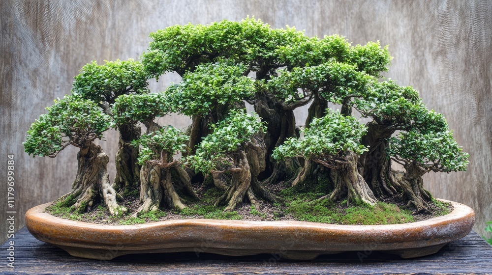 Poster bonsai tree arrangement showcasing intricate miniature design in a natural setting with textured bac