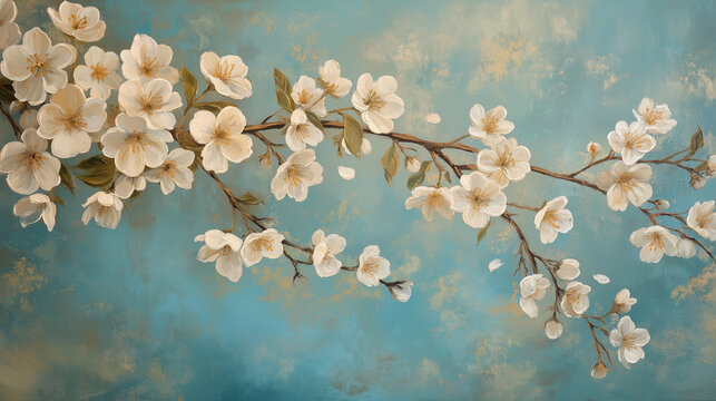 A delicate branch of white cherry blossoms against a soft blue background, creating a serene and elegant spring composition
