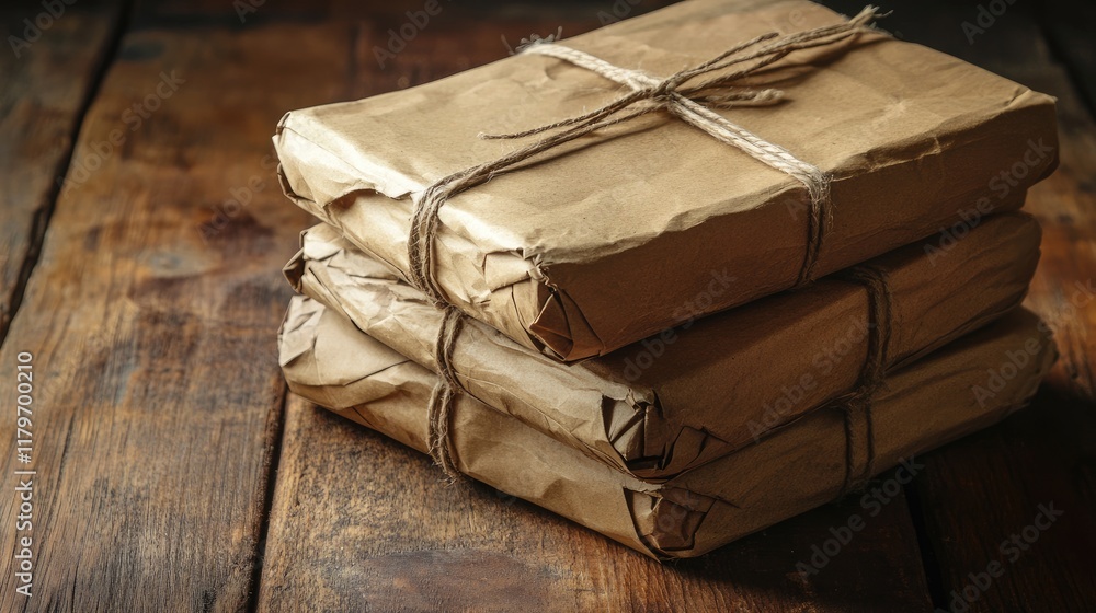 Poster stack of vintage books wrapped in recycled paper tied with twine on rustic wooden table background