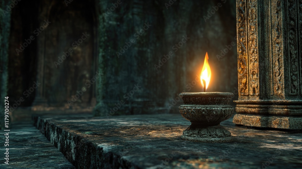 Poster candle flame illuminating stone altar in ancient temple with intricate architecture and serene atmos