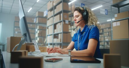 Female logistics coordinator wearing headset chats with customer on call, uses computer, works in...