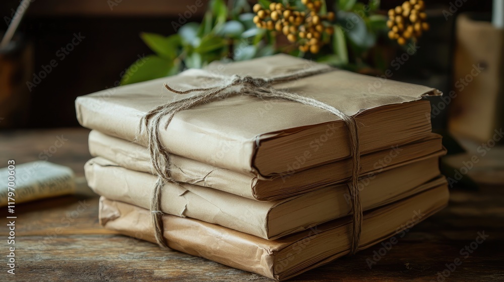 Aufkleber stack of vintage books wrapped in recycled paper tied with twine on rustic wooden table with greener