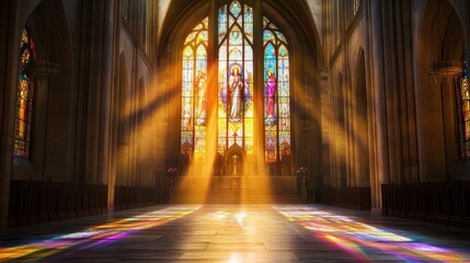 Obraz premium A large stained glass window of the Ascension of Christ casting vibrant reflections across the stone floor